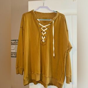 Aerie Relaxed Yellow 3/4 Sleeve Tie Front Sweatshirt